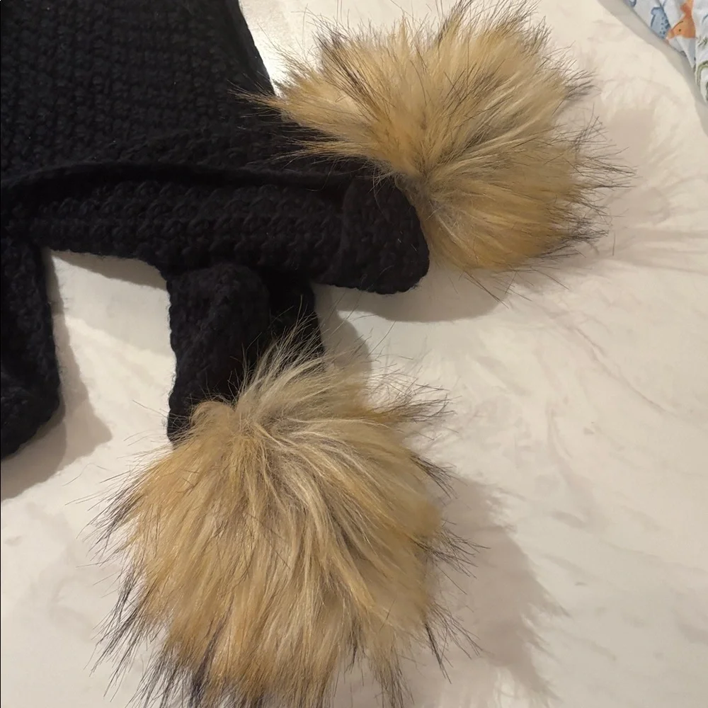 Lauren Ralph Lauren Black Knit Scarf with Faux Fur Pom Poms